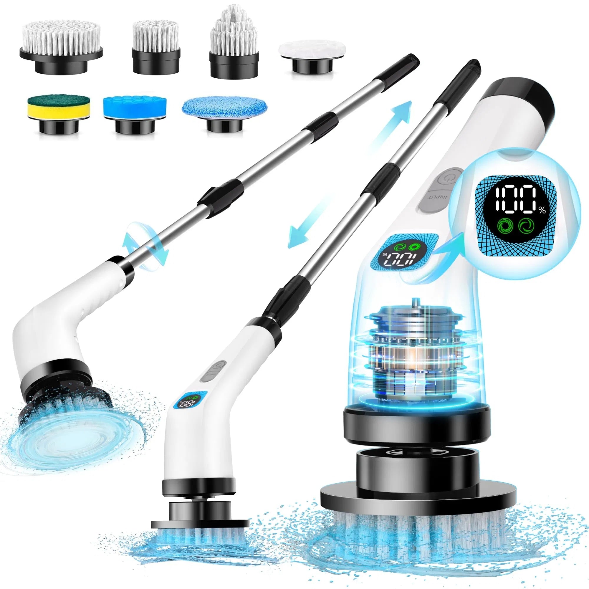 Electric Spin Scrubber For Cleaning - Bathroom Floor Shower Scrubber With Long Handle Cordless Handheld Power Spin Brush, IPX7 7in1 400RPM LED-Screen Fast Charging Ship By WFS Multichannel
