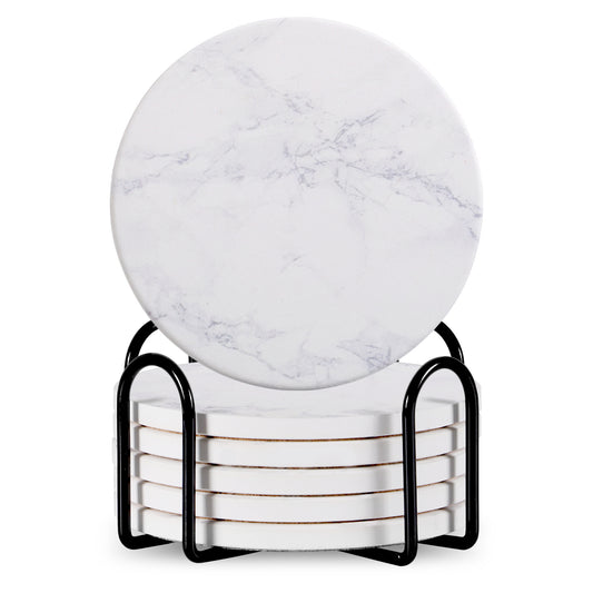 Set Of 6 Beverage Coasters With Stand Round 4in Ceramic Coaster With Metal Stand Absorbent Marble Stone Coaster With Cork Base